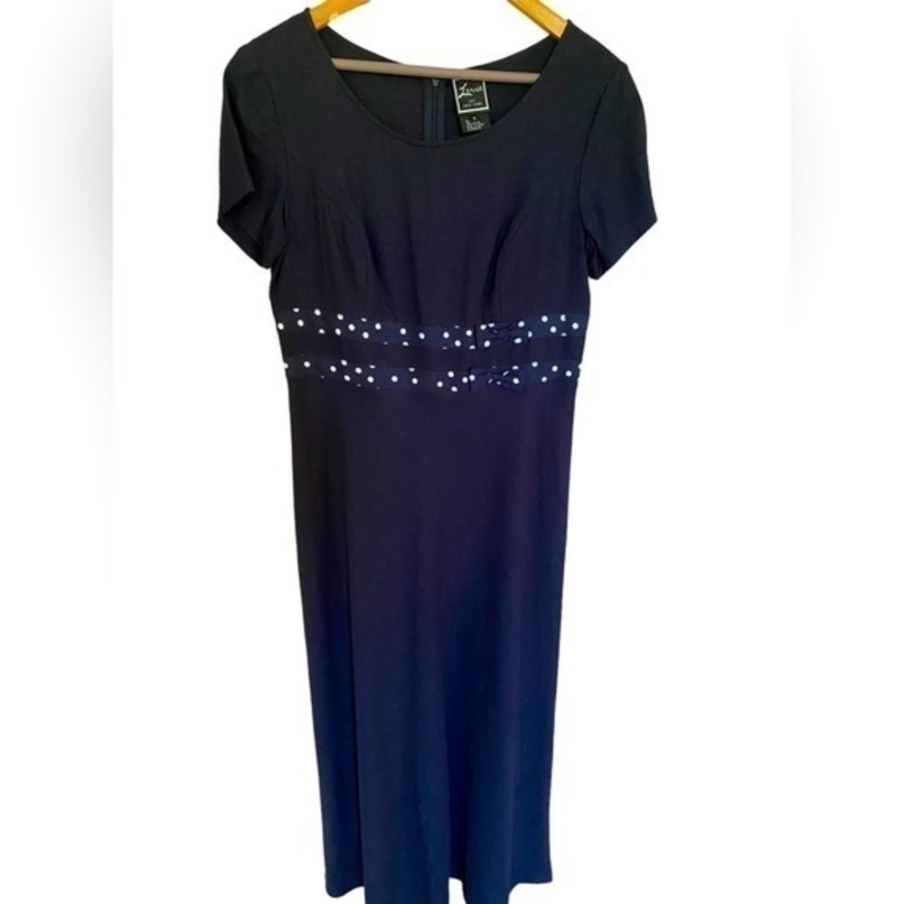 Lennie LNY Navy blue Short sleeve Linen Blend Dress Zip Size 6 modest polka dot
